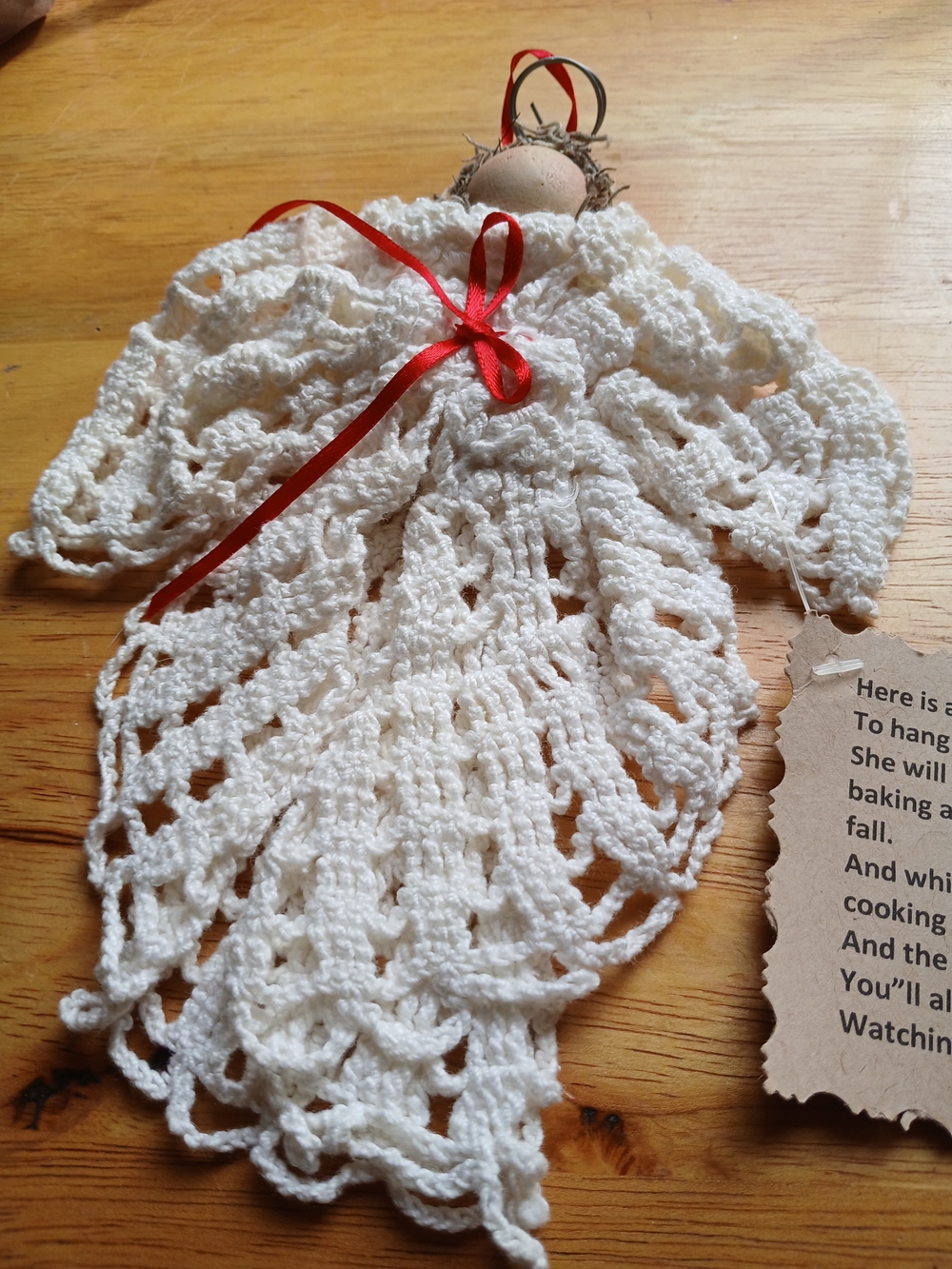Handmade Vintage Crocheted Angel Ornament White with Red Ribbon